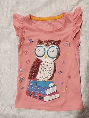 Cynthia Howie Pink Sequin Owl Ruffle Sleeve Tee EUC Size 4. So Cute.